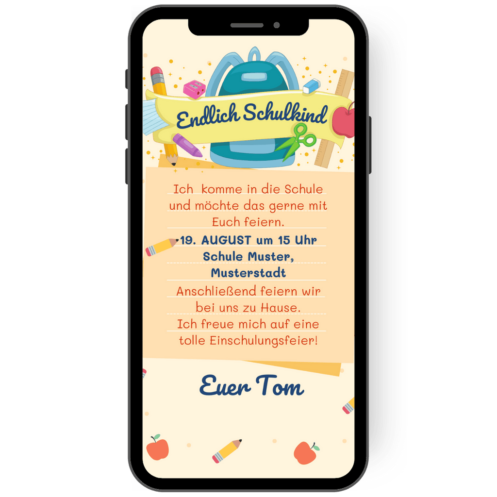 Endlich Schulkind: Digitale EInaldungskarte mit einem Schulranzen nebst typischen Inhalt wie Stift, Lineal, Schere, Radiergummi und Anspitzer als Motiv. Personalisierter Einladungstext