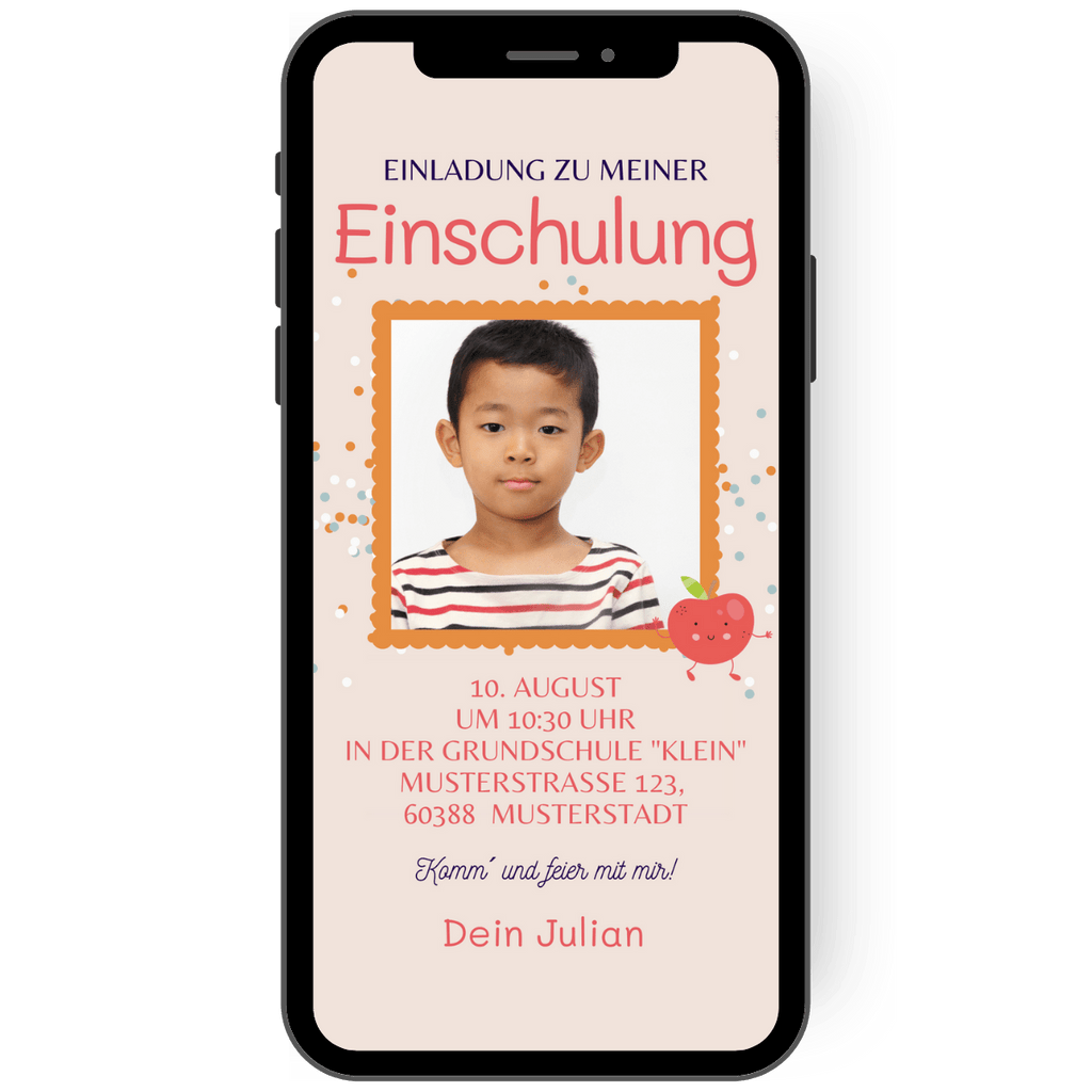 eCard zur Einschulung - Einladung mit eigenem Foto - Einschulungsfeier - mit Foto - Orange . Konfetti - Apfel