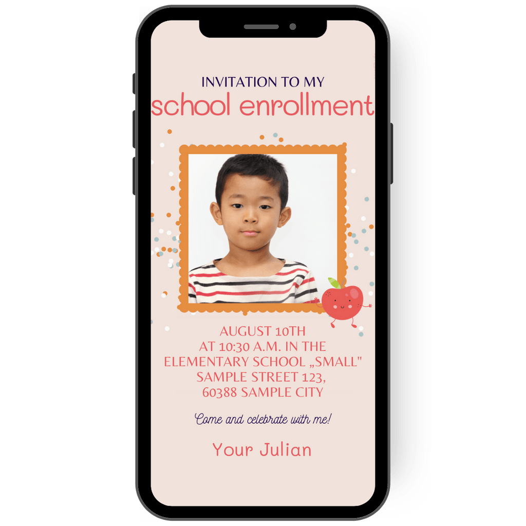 eCard for school enrollment - Invitation with your own photo - School enrollment party - with photo - Orange . Confetti - Apple