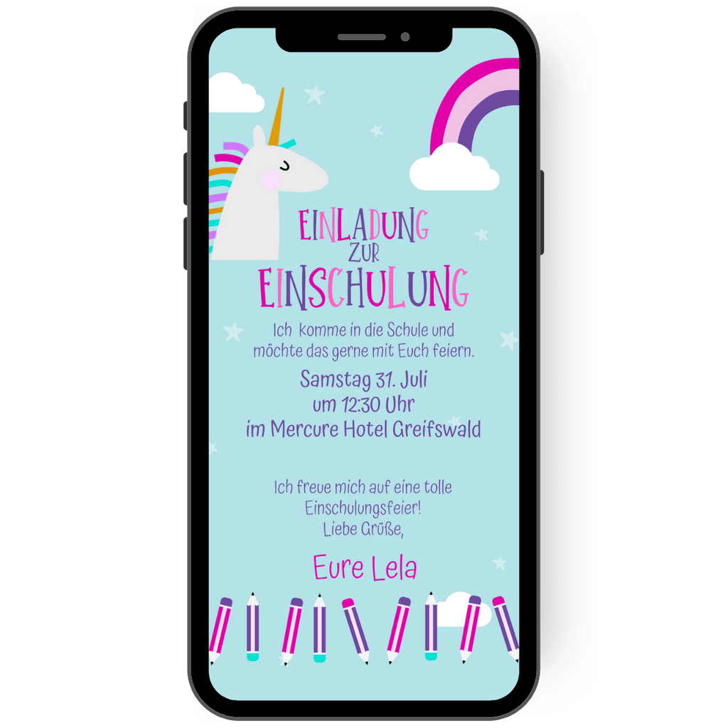 Himmelblaue Einladung mit Einhorn, Regenbogen und pink-lila Buntstiften: Ein Mädchentraum! Einladung digital schnell verschicken