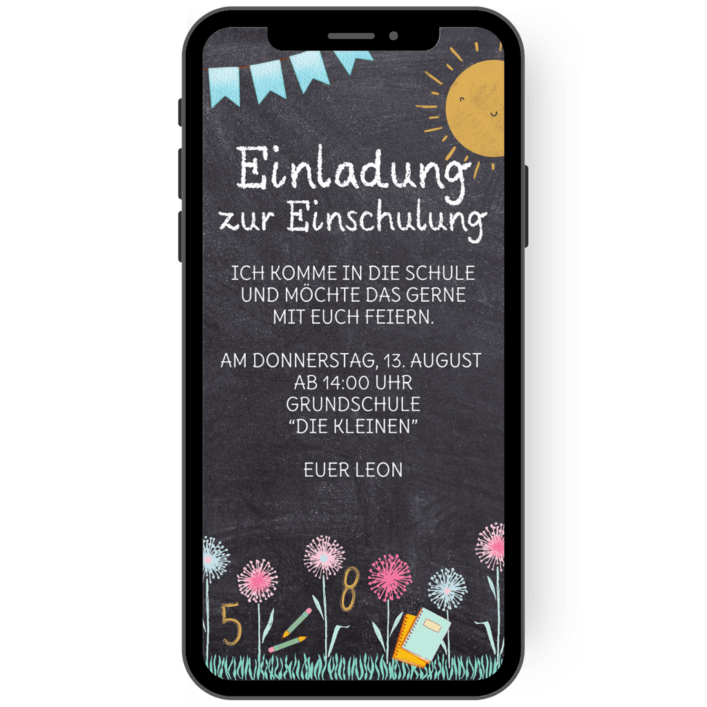 eCard zur Einschulung - Einladungskarte - Kreide - Tafel - bunte Blumen - Sonne - Einschulungsparty - endlich Schulkind - WhatsApp