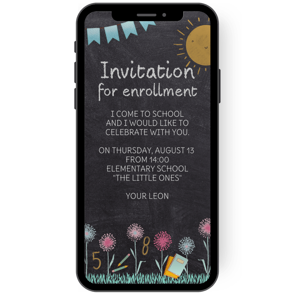 eCard for school enrolment - invitation card - chalk - blackboard - colorful flowers - sun - school enrolment party - finally a schoolchild - WhatsApp