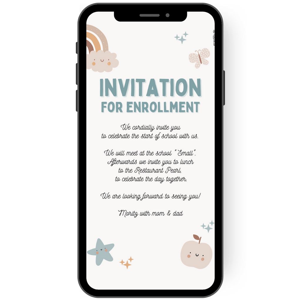 eCard for school enrollment - Invitation to school enrollment party - Beige - Pastel - Cloud - Stars - Apple - Rainbow