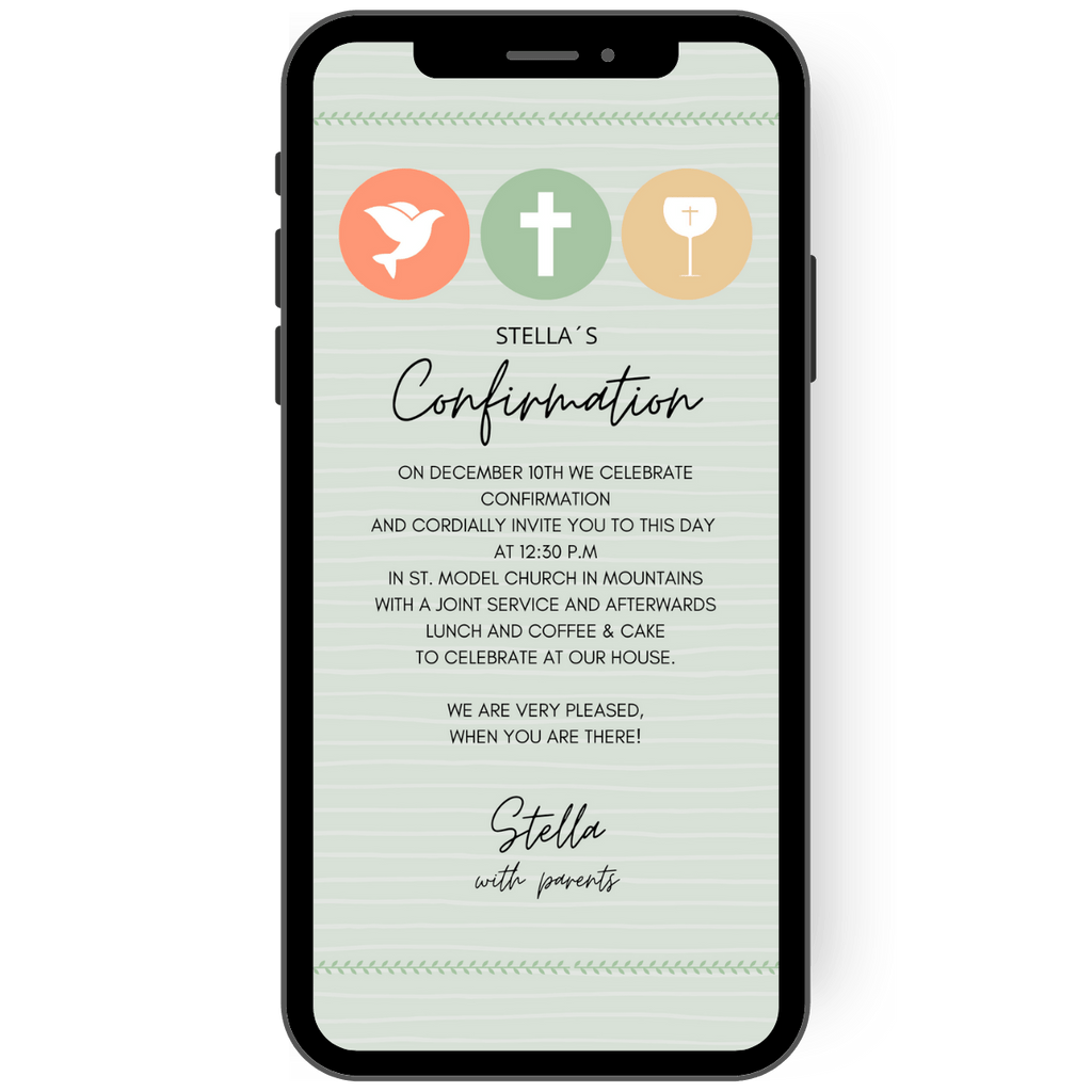 A dove, a cross and a chalice symbolize the church festival to which you are inviting your guests with this eCard. The invitation is designed in pastel shades, with the occasion written in large letters above the invitation text. eCard as an invitation for baptism, communion, confirmation or confirmation. en