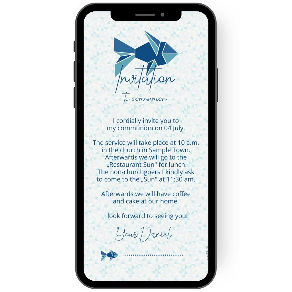 Invite to a communion, confirmation or confirmation in style with our invitation card featuring a delicate origami fish in calming shades of blue. en