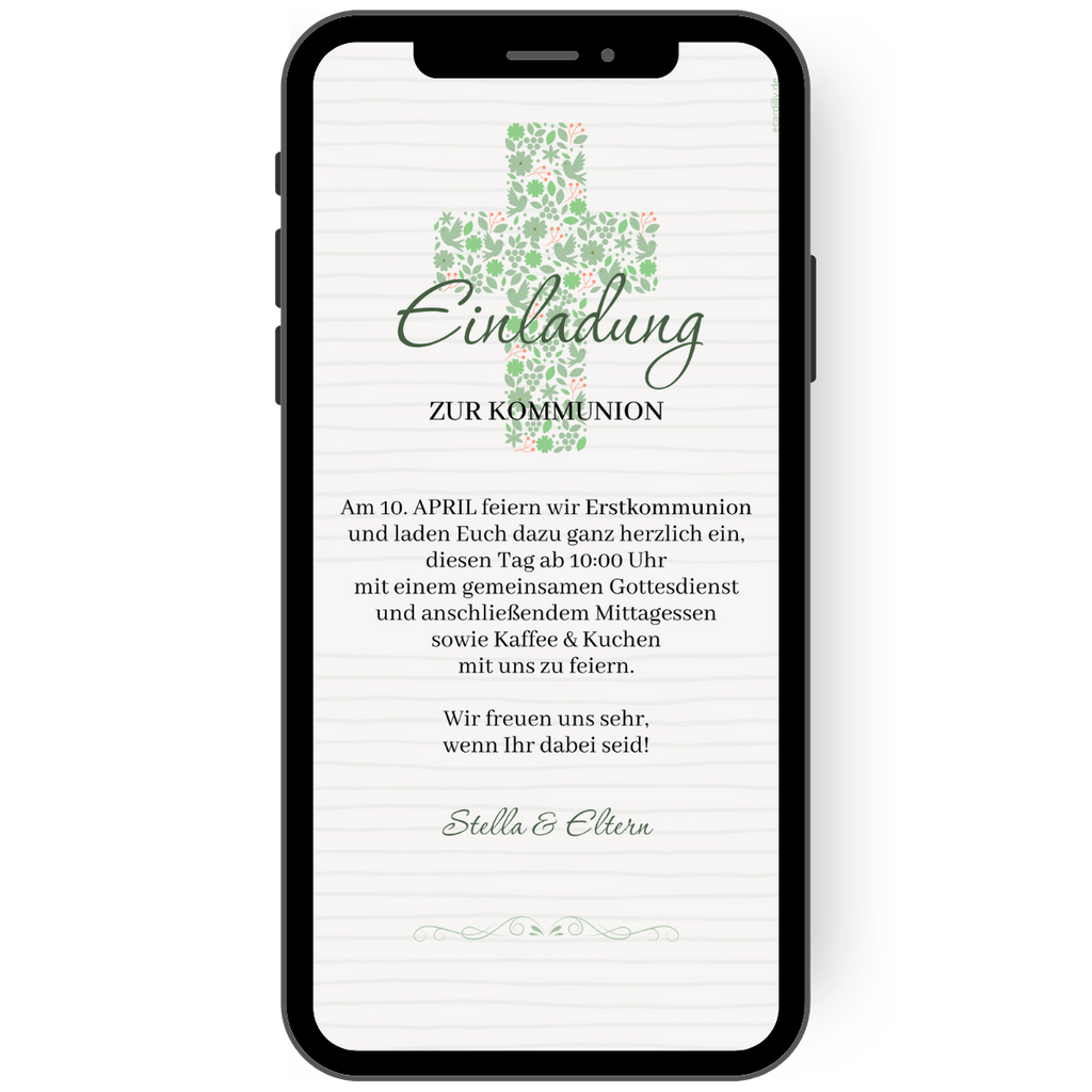 Ein großes Kreuz, gestaltet aus Blüten, Blättern und Tauben, ist in zarten Grüntönen das bildliche Element auf dieser Einladung zur Firmung. Der Schriftzug "Einladung zu Firmung" kann gerne durch Kommunion, Taufe, Konfirmation ersetzt werden. Alle wichtigen Details, was wann wo gefeiert wird, stehen im Einladungstext