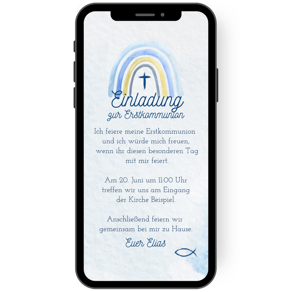 Einladungskarte zur Kommunion, Erstkommunion, 1. hl. Kommunion mit Regenbogen in blau und gelb als Einladungskarte zur Kommunion Konfirmation Firmung. Mit dieser digitalen Einladungskarte als eCard kann man ganz einfach mit dem Smartphone einladen. de