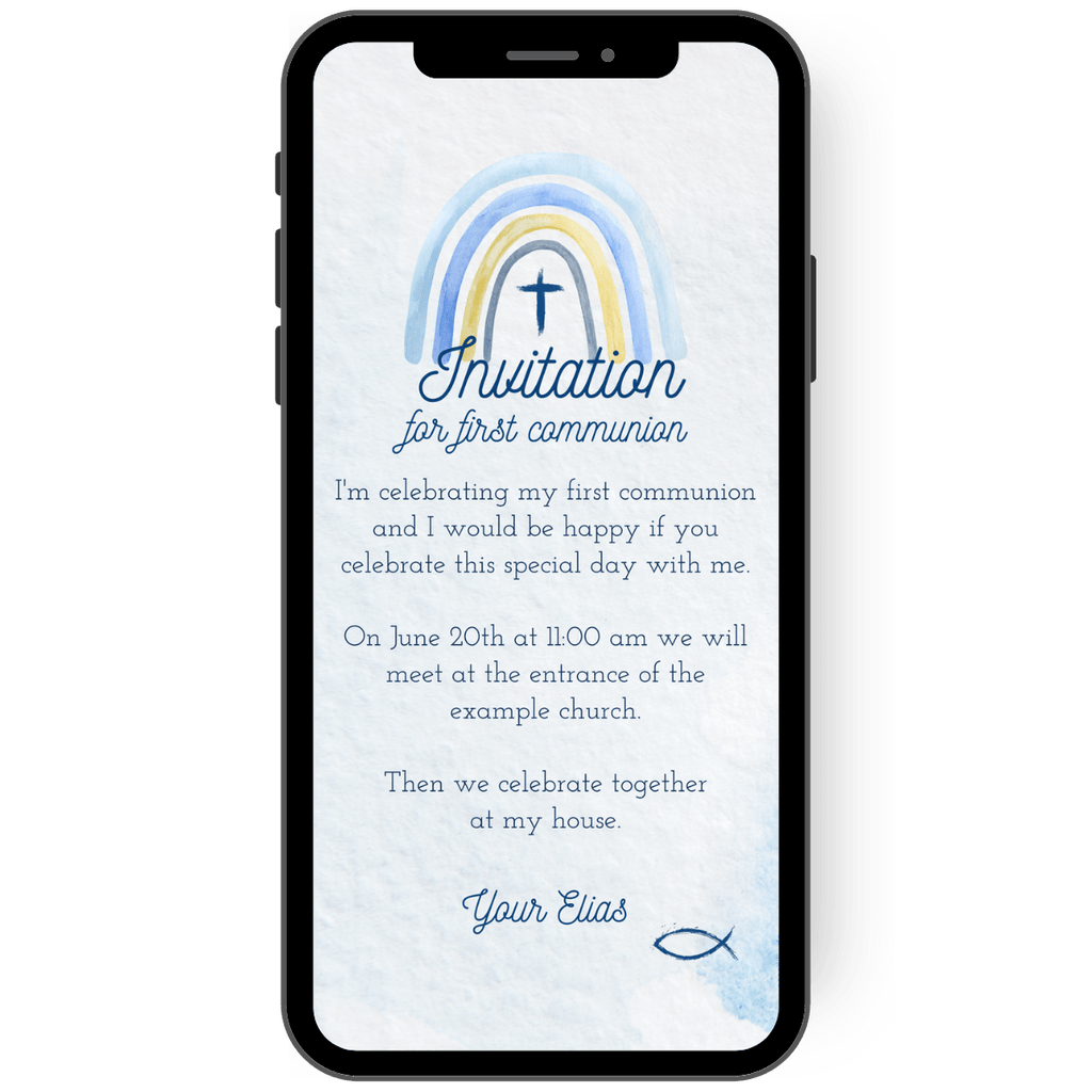 Invitation card for communion, first communion, 1st holy communion. Communion with rainbow in blue and yellow as invitation card for communion confirmation. With this digital invitation card as an eCard you can easily invite with your smartphone