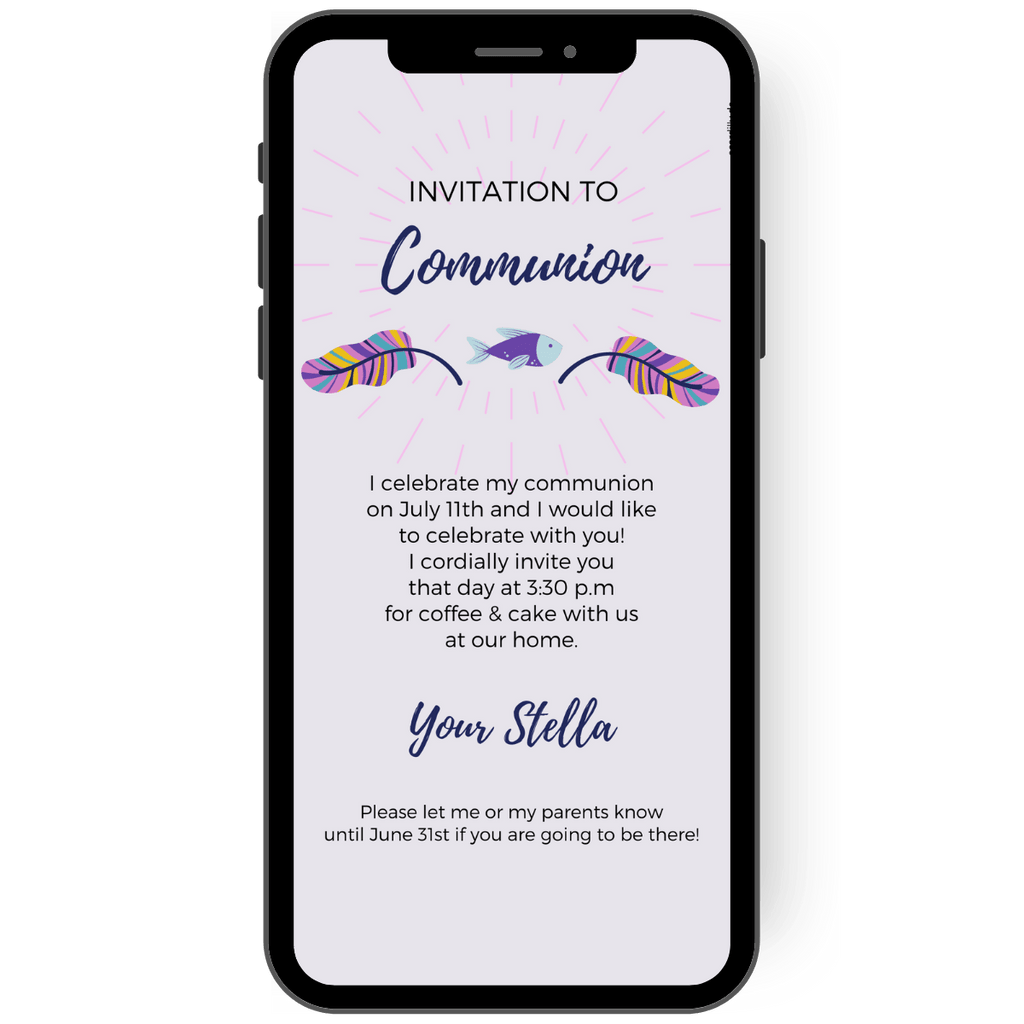 WhatsApp invitation card eCard with feathers, sunbeams and fish in pastel lilac tones on a delicate background