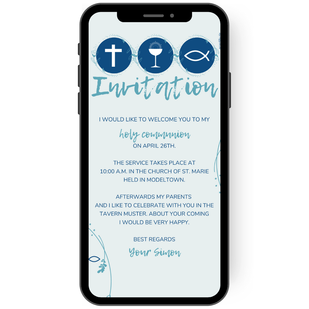 Invitation card for church celebration communion, confirmation, confirmation in the color of the year 2020: Classic Blue. With chalice, cross and fish - customization of the invitation text and the occasion is included in the card price en