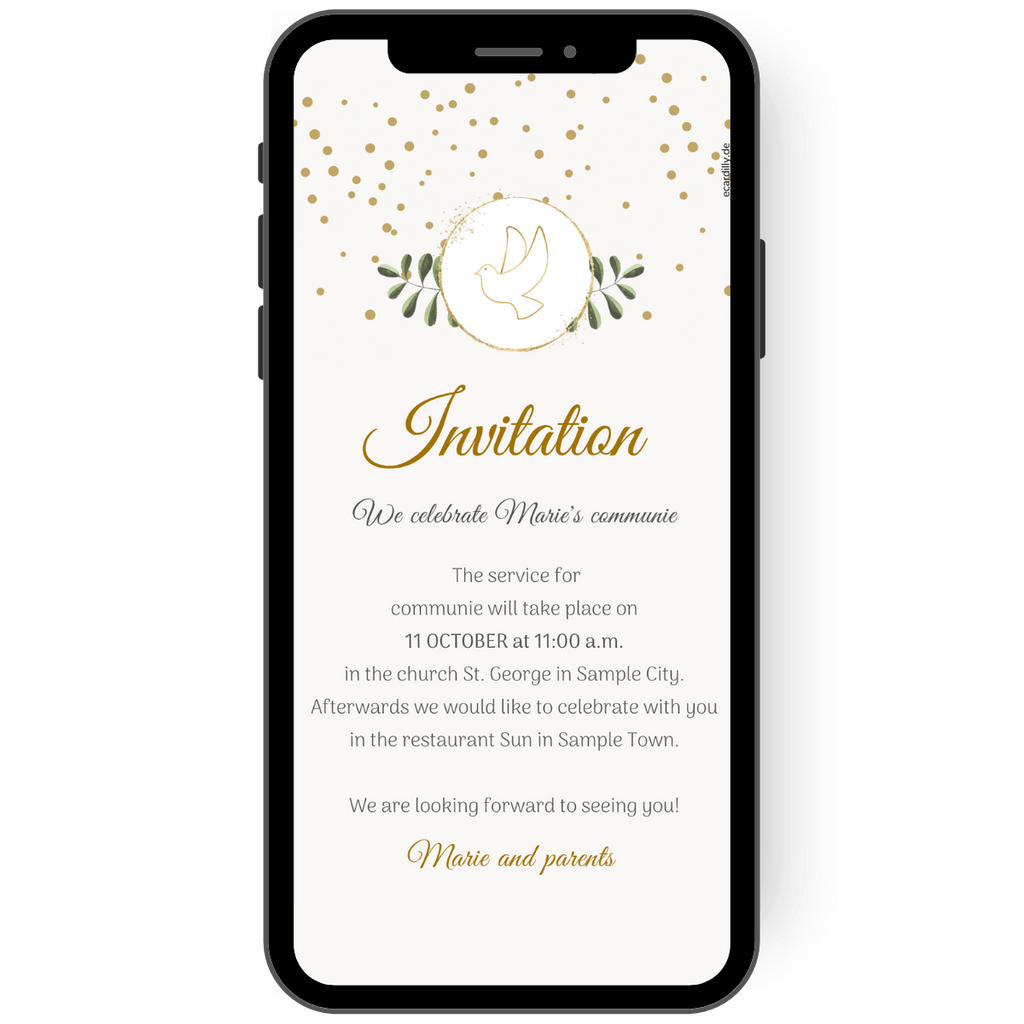 Beautiful modern sustainable communion invitation with dove in gold and branch and small confetti dots in gold on a cream background.