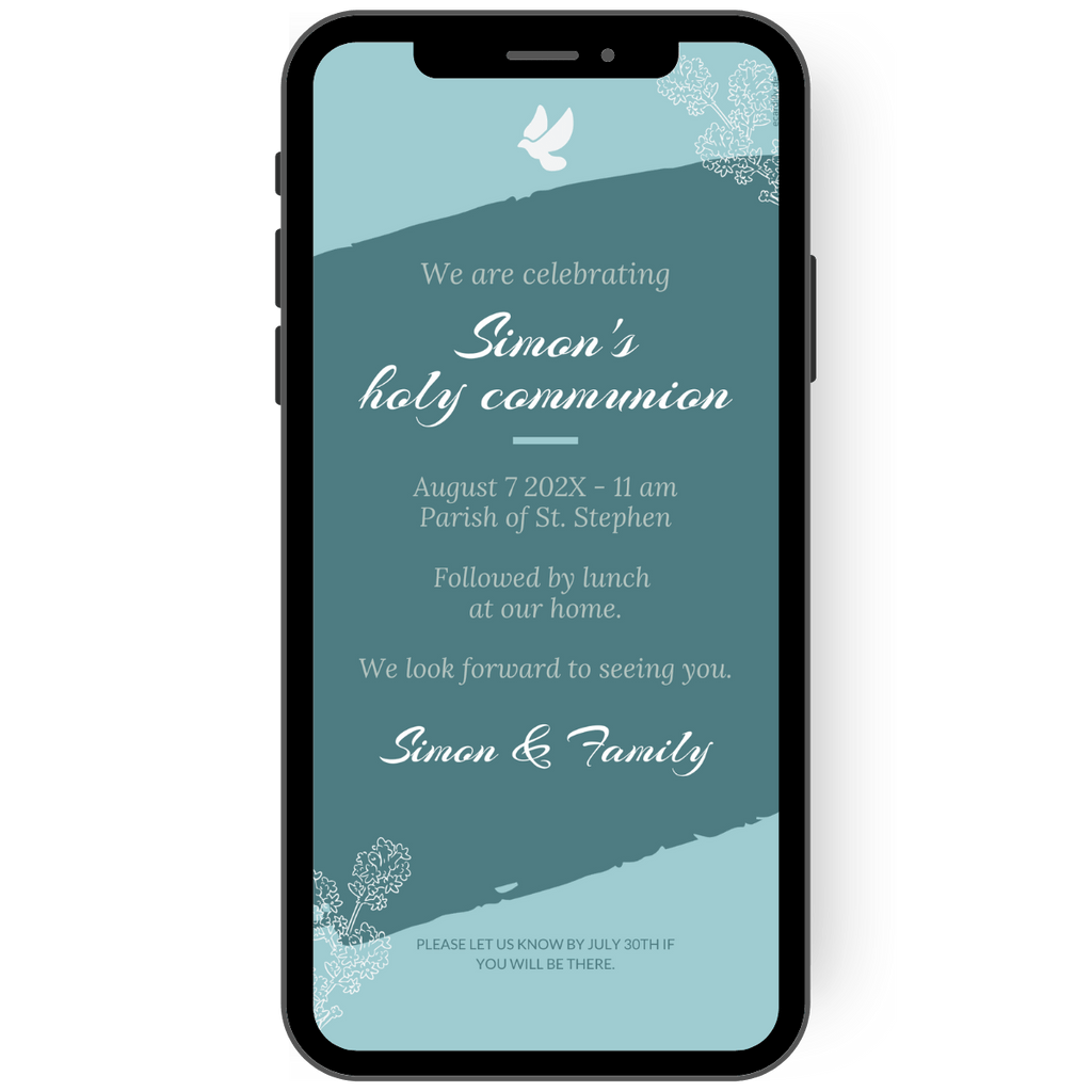 Send a loving invitation to special occasions such as communion, confirmation or baptism with our delicate invitation card. The sky blue design, accentuated with white lettering, is decorated with hand-drawn flowers and a delicate dove. An invitation as gentle as the occasion itself. en