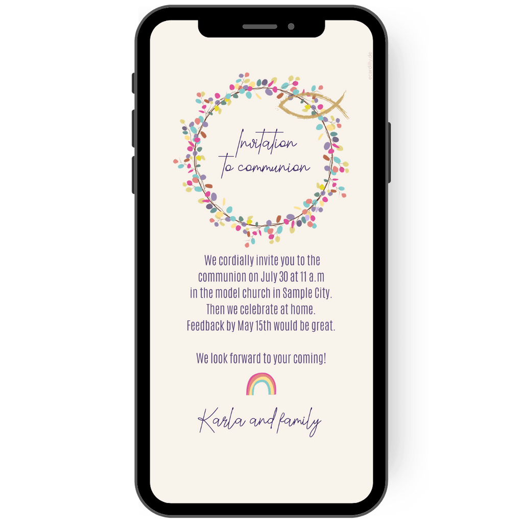 Great invitation or invitation card for the first communion with colorful leaves in the Kanz. A small fish in gold decorates this subtle, elegant WhatsApp invitation card. 