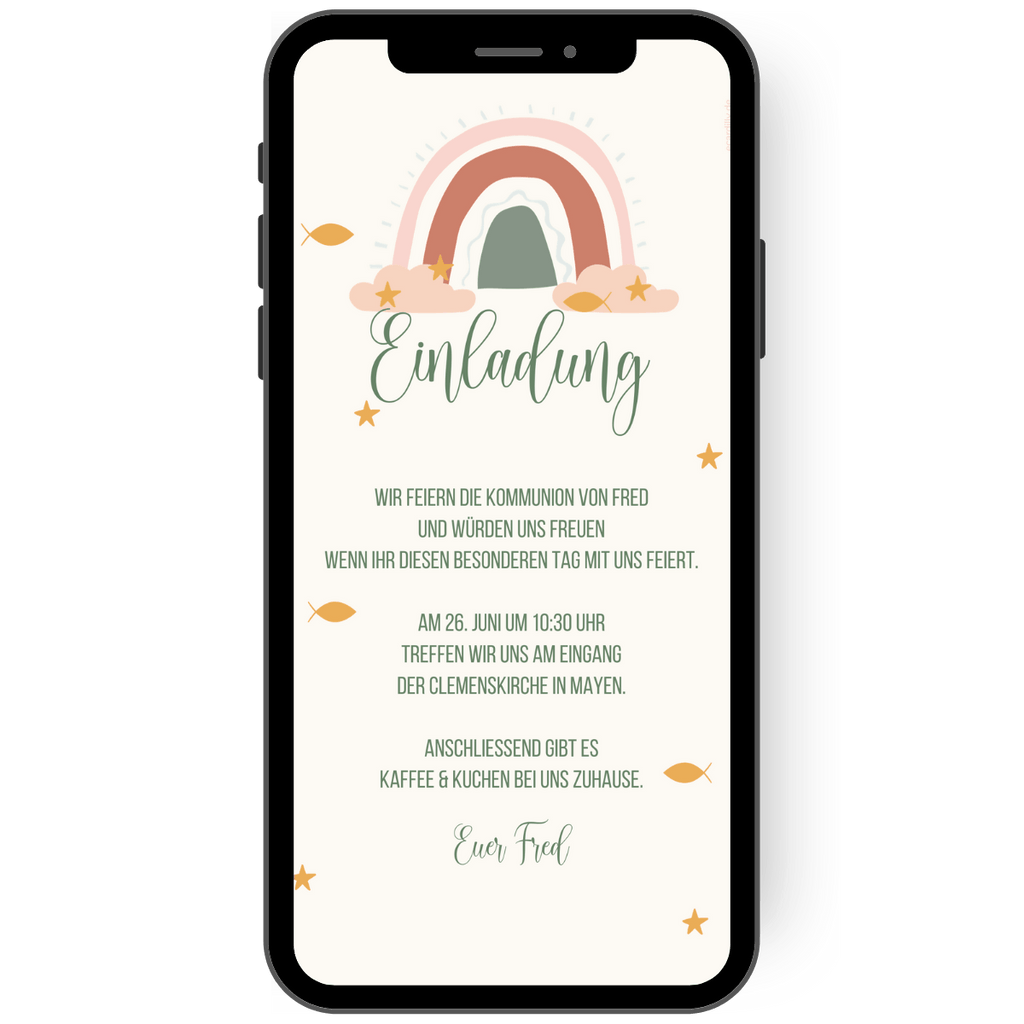 Einladung zur Kommunion Konfirmation oder Firmung mit einem liebevollen Regenbogen. Diese digitale Einladungskarte gibt es in den Farben grün, beige und gelb. Versende ganz einfach eine Einladungskarte mit deinem Handy über whatsapp. de