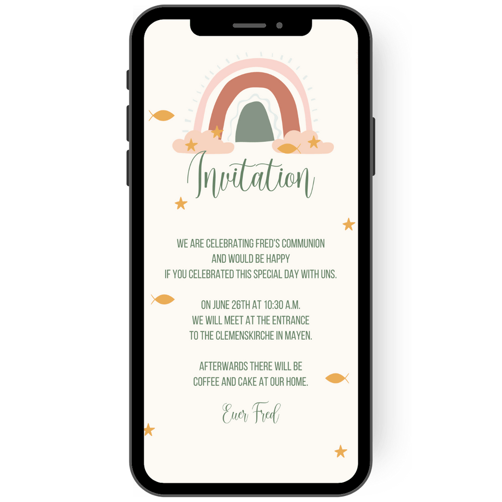 Invitation to communion, confirmation or confirmation with a lovely rainbow. This digital invitation card is available in green, beige and yellow. Simply send an invitation card with your cell phone via whatsapp. en
