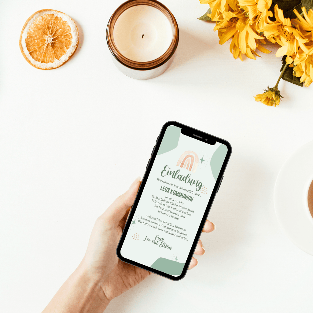 Tolle eCard als Einladungskarte zur Kommunion, Konfirmation oder Firmung. Zum Thema Regenbogen passend, kann man mit dieser digitalen Einladungskarte ganz einfach mit dem Smartphone einladen. de