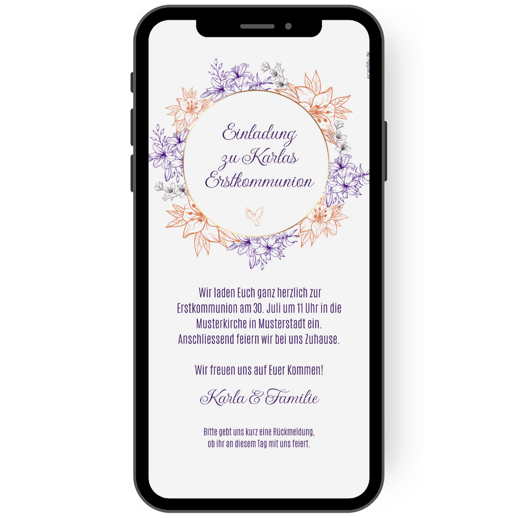 Diese eCard kannst du als digitale Einladungskarte zur Kommunion, Konfirmation, Firmung versenden. Ein toller Blumenkranz umringt diese tolle Einladung.