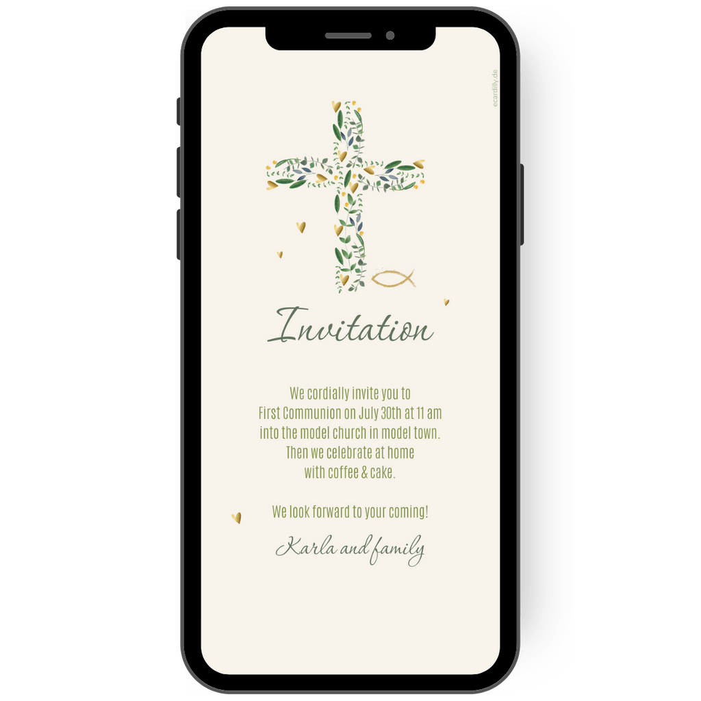 Invitation card for communion or first communion in white with simple lettering and a small cross made of leaves and golden hearts. Church symbol fish. en