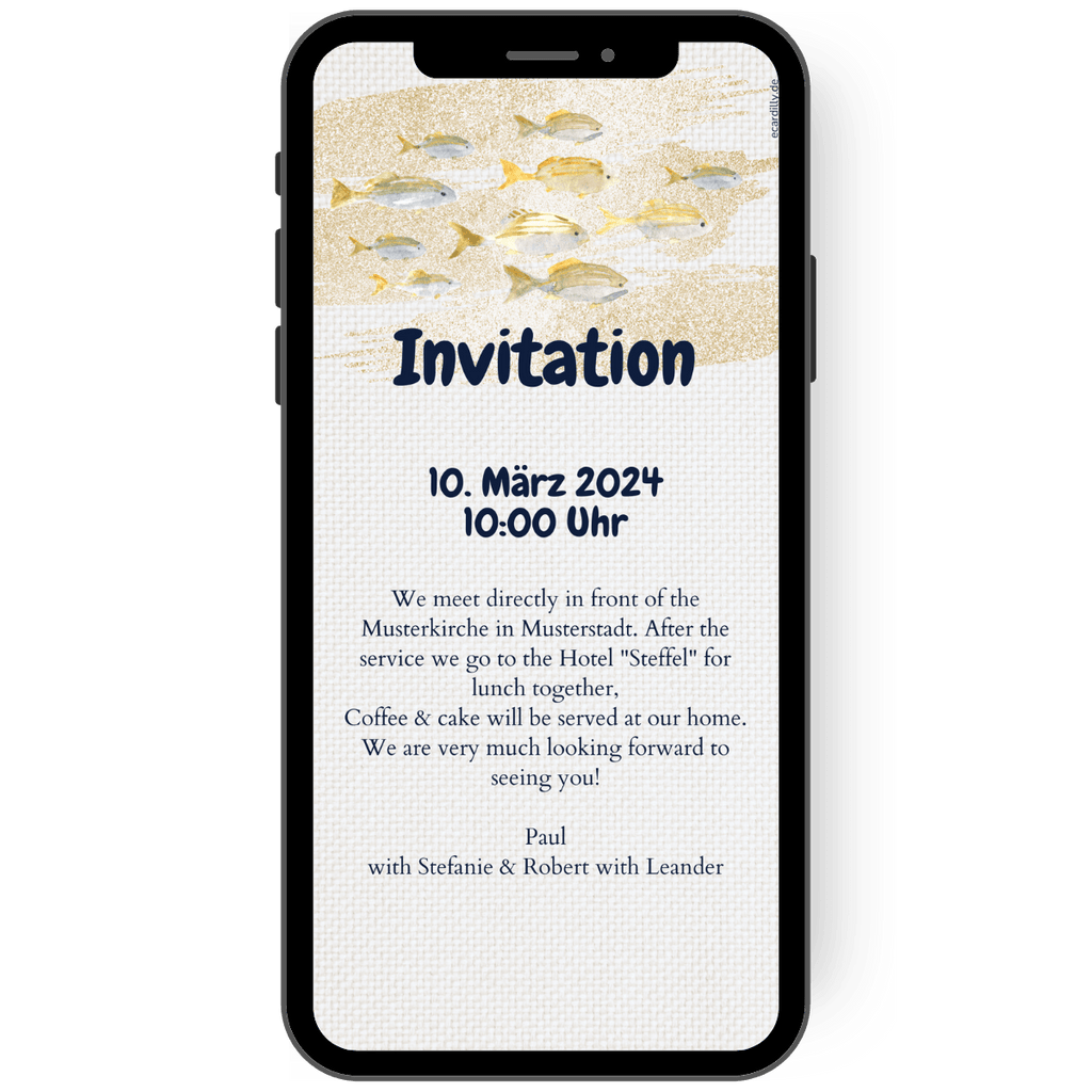 Communion invitation card with small golden fish and a linen background.