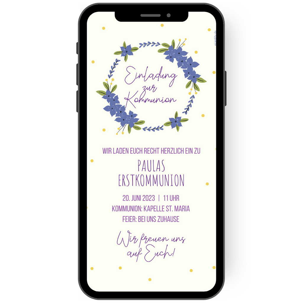 Einladungskarte zur Kommunion, Konfirmation,Firmung und Taufe. eCard mit Blumenkranz mit lila Blumen und gelben Punkten. Leicht gelber Hintergrund mit Schrift in lila Farbtönen