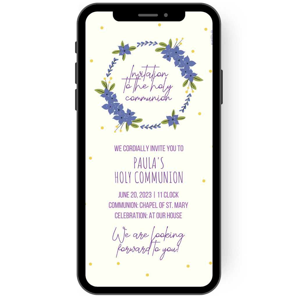 nvitation card for communion, confirmation and baptism. eCard with floral wreath with purple flowers and yellow dots. Light yellow background with writing in purple tones en