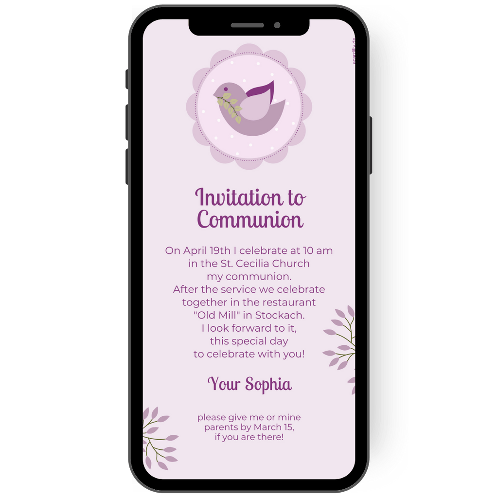 Invitation card with a dove holding an olive branch in its beak. In purple-lilac tones for communion, confirmation and confirmation