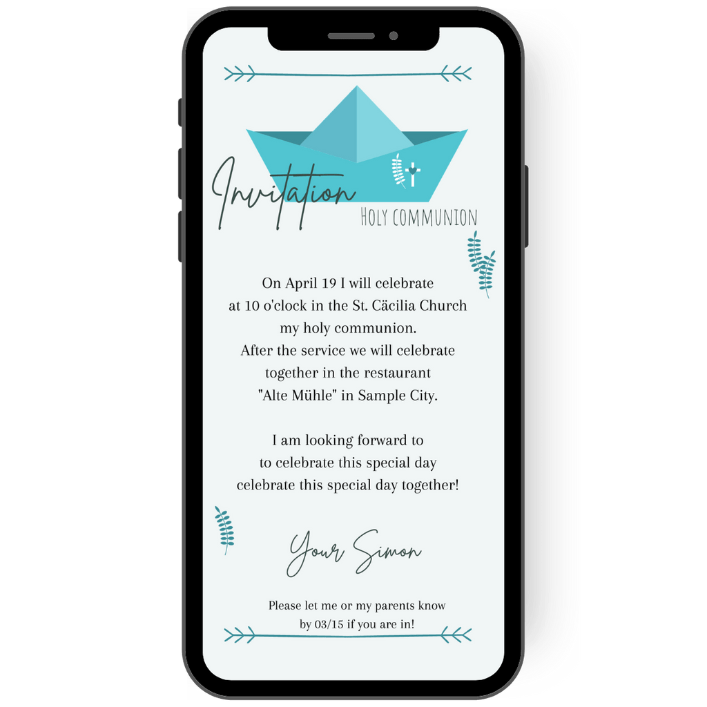 Send an inviting message for a baptism, communion, confirmation or confirmation with our lovingly designed card. A small folding boat in soft turquoise tones on a light background, accompanied by elegant dark lettering, gives your invitations a special touch of elegance and tranquillity. en