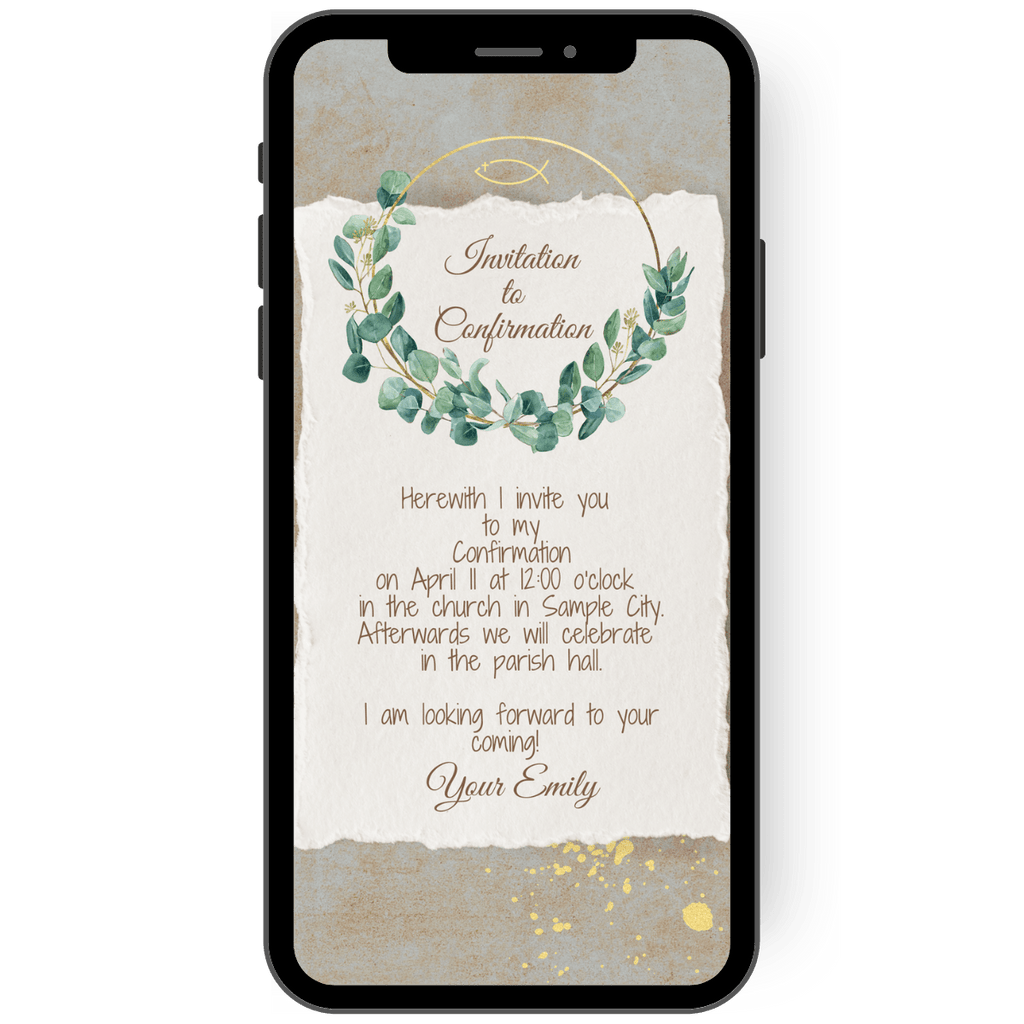 An elegant e-card for confirmation in gold tones with a filigree wreath of leaves and a stylish fish motif on a parchment background.