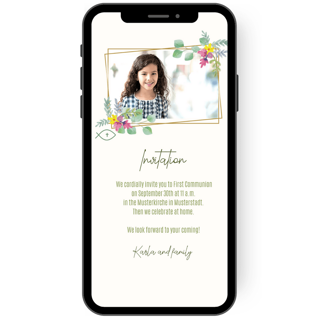 A confirmation invitation in the form of an eCard with a golden frame, flowers and a photo. Send it quickly and easily via WhatsApp.