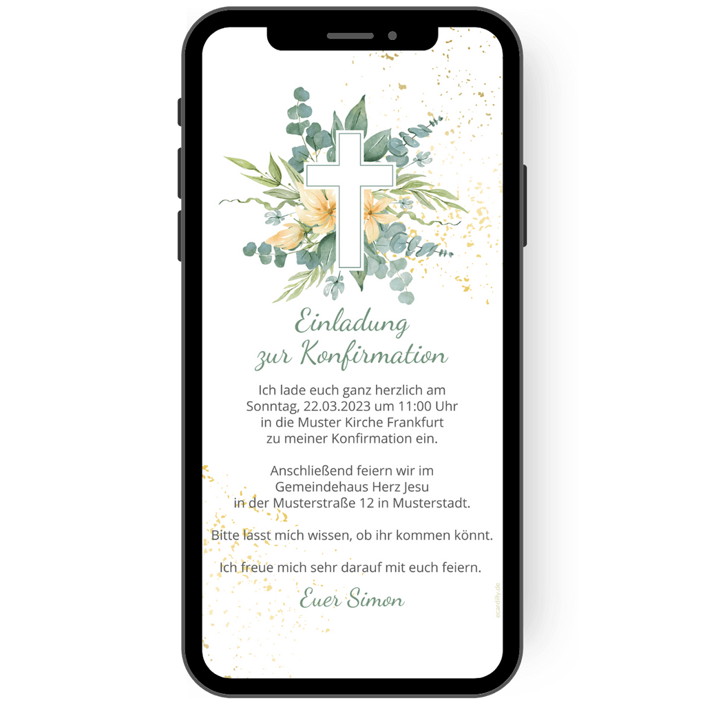 Elegante eCard zur Konfirmation mit goldenen Akzenten, Blumen und einem grünen Kreuz als Design-Element. Versende sie schnell und unkompliziert per WhatsApp.