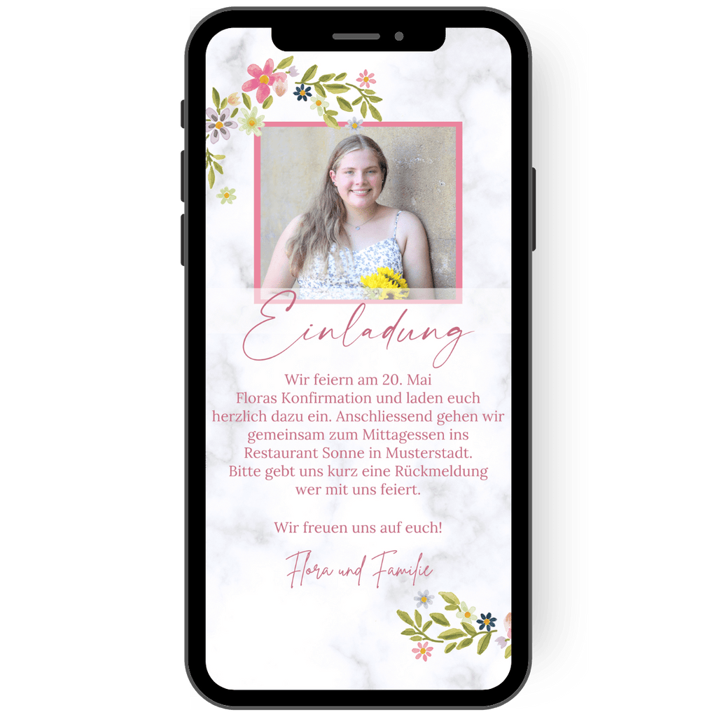 Tolle Einladungskarte zur Konfirmation Konfirmation mit Blumenranken in Watercolor Optik und Marmor-Hintergrund. Digitale eCard papierlos versenden.