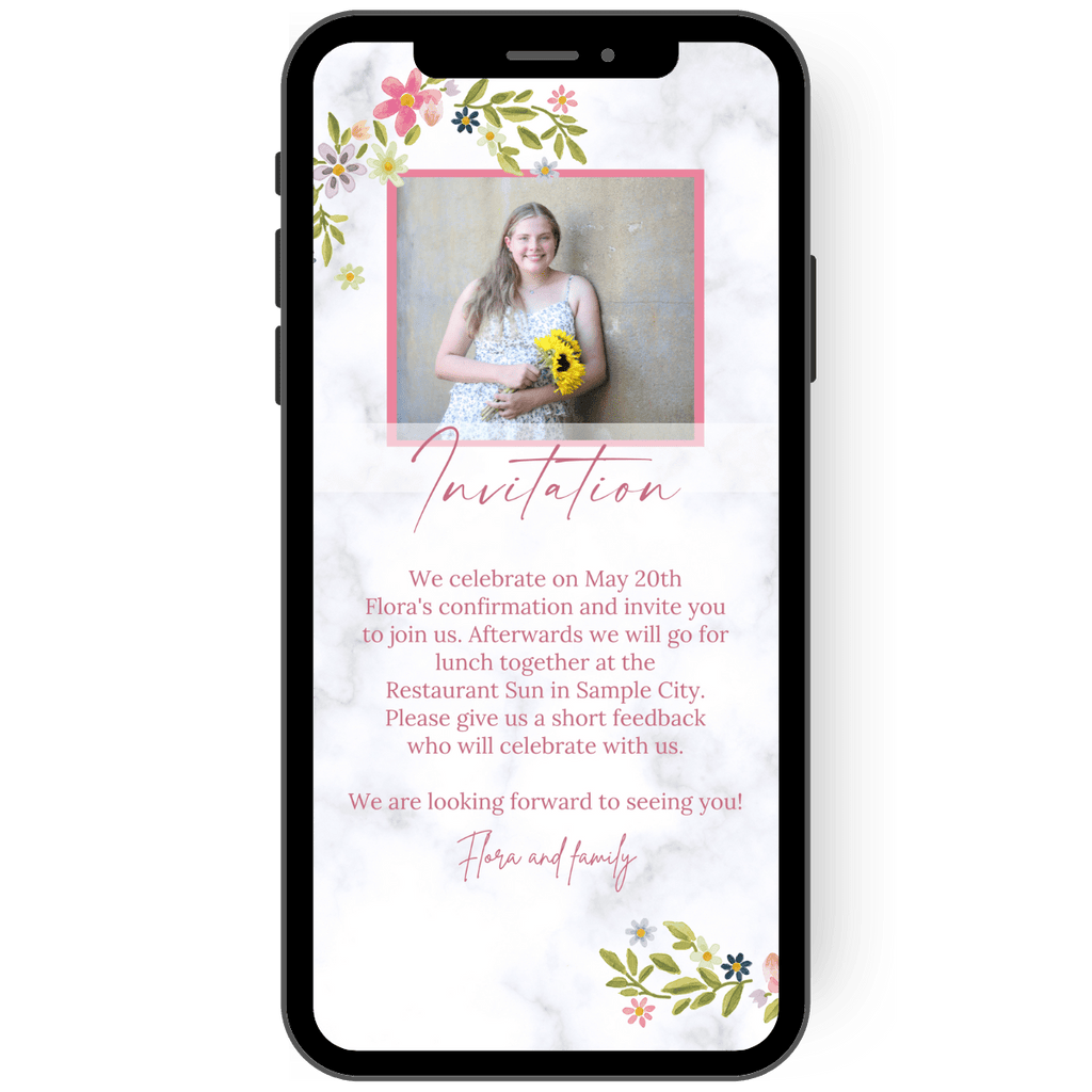 Great Confirmation invitation card Confirmation with floral tendrils in watercolor look and marble background. Send digital eCard paperless.