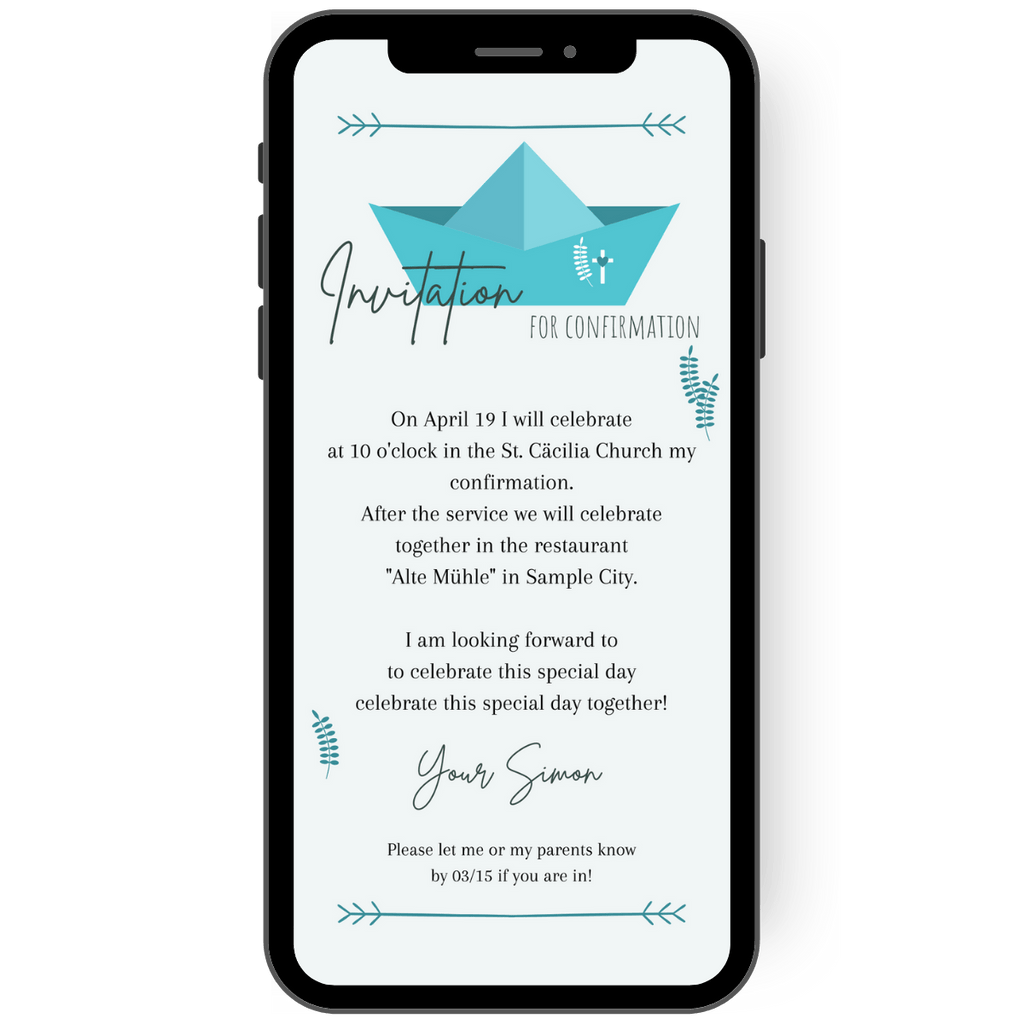 Invitation to baptism, confirmation, confirmation with a small folding boat in turquoise tones and dark lettering on a light background