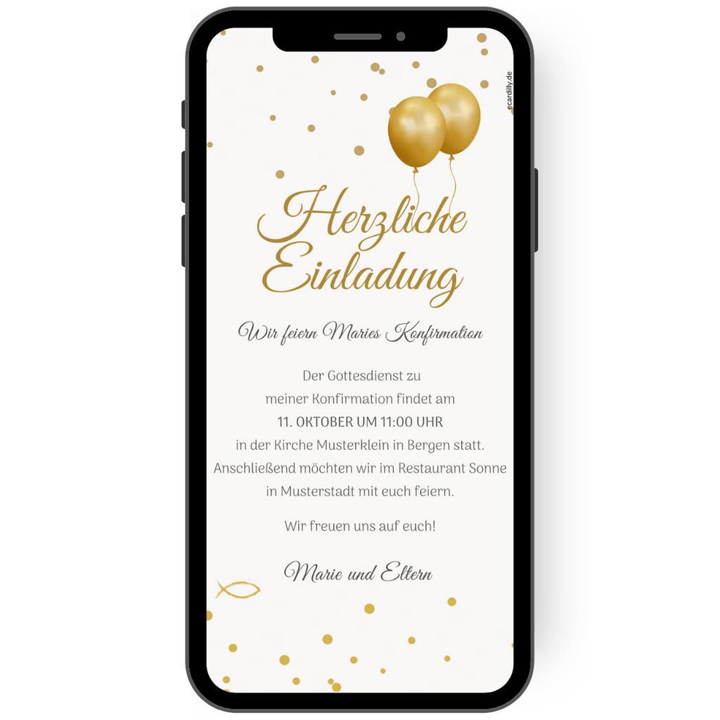 Digitale Einladungskarte für eine Kommunion oder Konfirmation mit goldenen Ballons und einem symbolischen Fisch auf hellem Hintergrund. Den Einladungstext bestimmst du - ich personalisiere deine Einladung schnell!