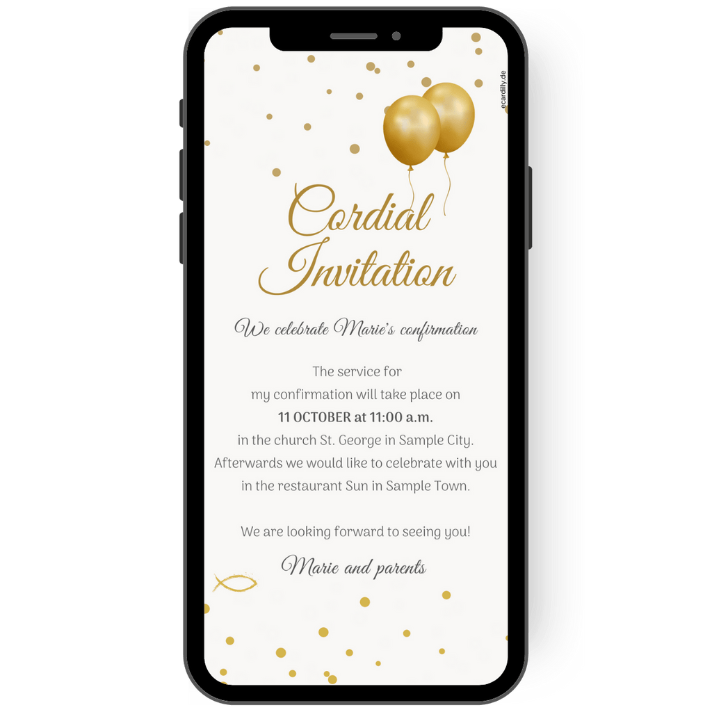 Digital invitation card for a communion or confirmation with golden balloons and a symbolic fish on a light background. You decide on the invitation text - I'll personalize your invitation quickly!