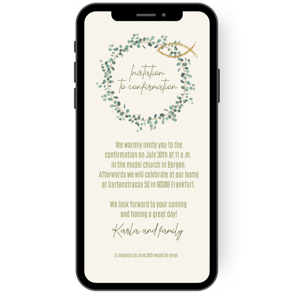 A stylish digital confirmation invitation card with a greenery design consisting of eucalyptus leaves and a wreath on a beige green background en