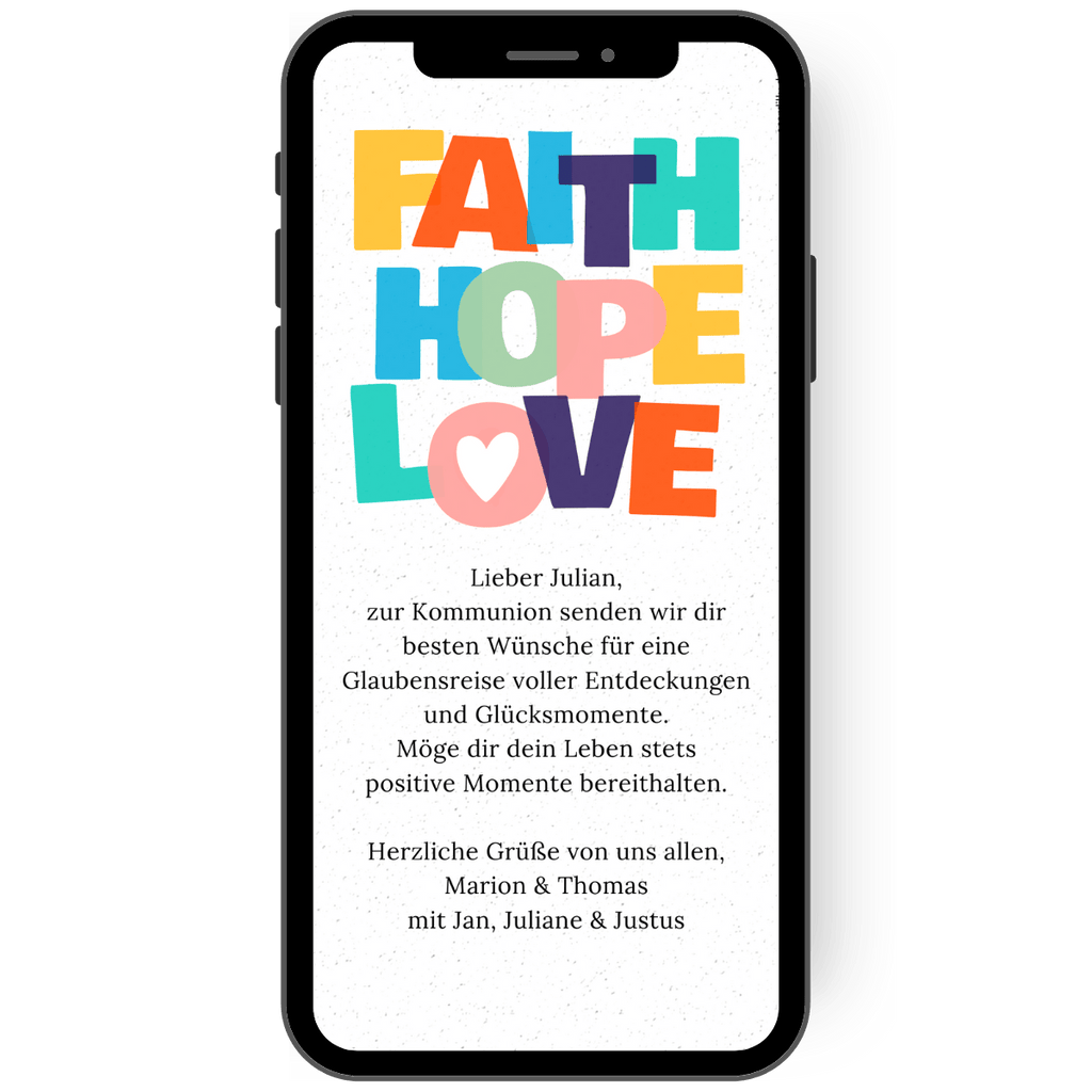 Kunterbunte Glückwunschkarte zur Kommunion mit bunten Buchstaben Faith, Hope Love