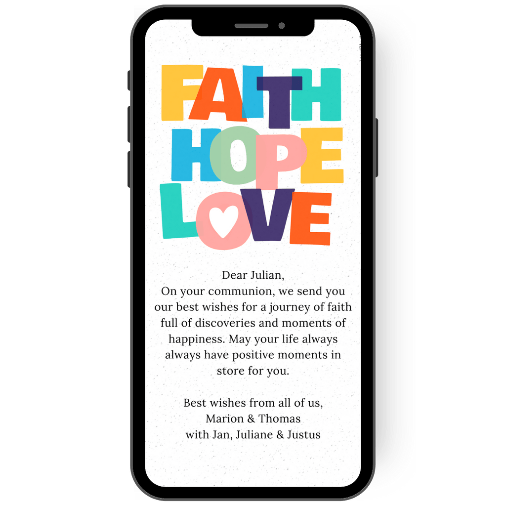 Colorful communion greeting card with colorful letters Faith, Hope Love