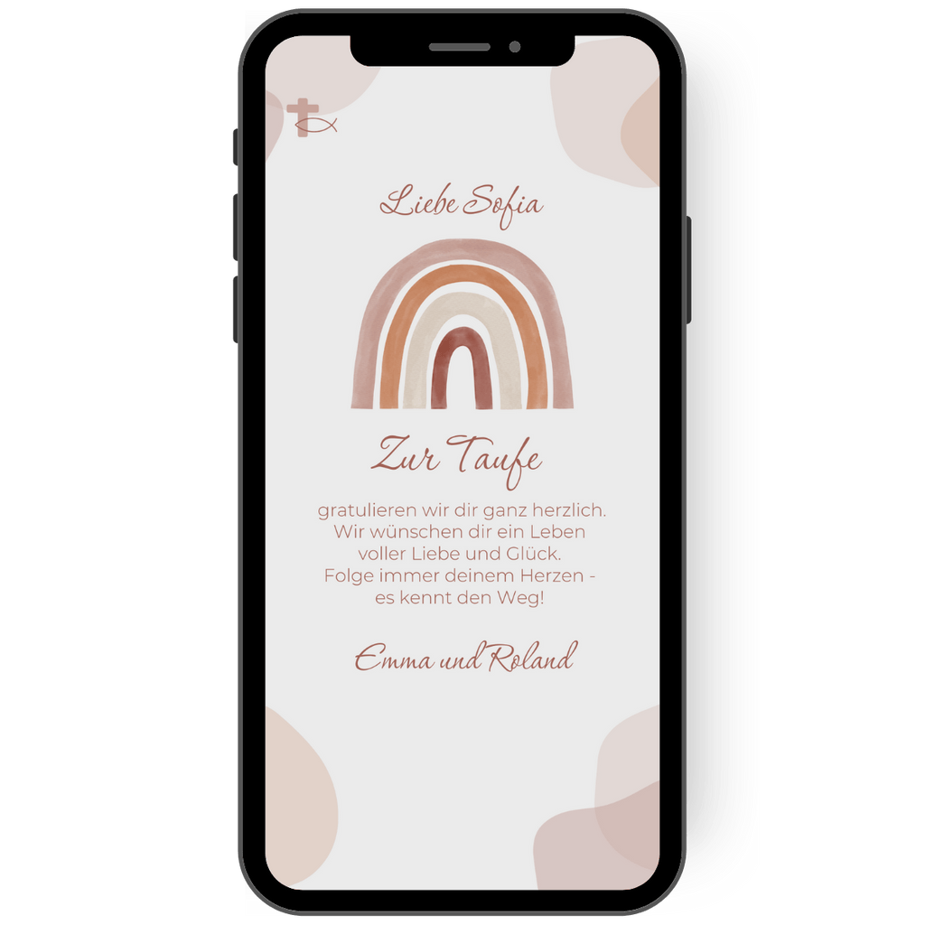 Digitale Glückwunschkarte zur Taufe mit einem Regenbogen. Karte in dezenten Farbtönen Watercolor