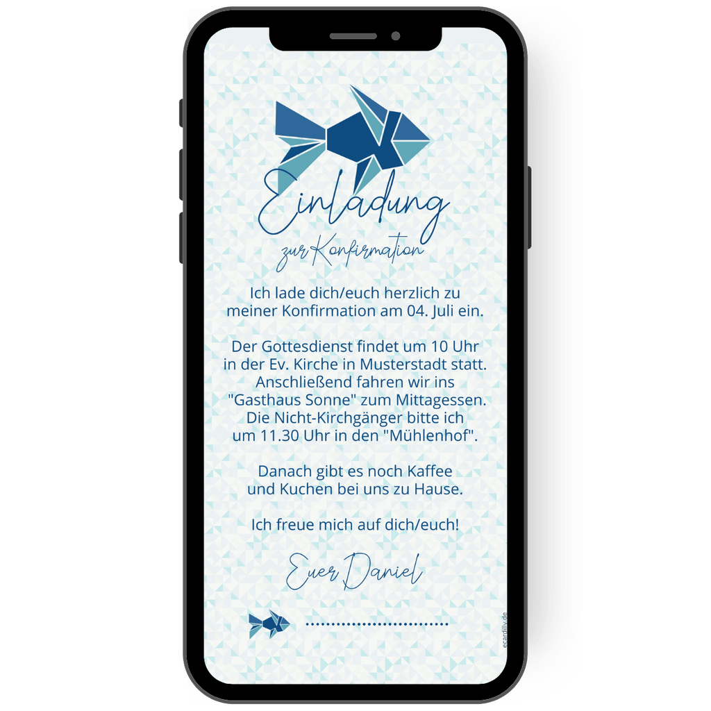 Einladungskarte mit einem Origami-Fisch in Blautönen - für Konfirmation, Konfirmation und Firmung