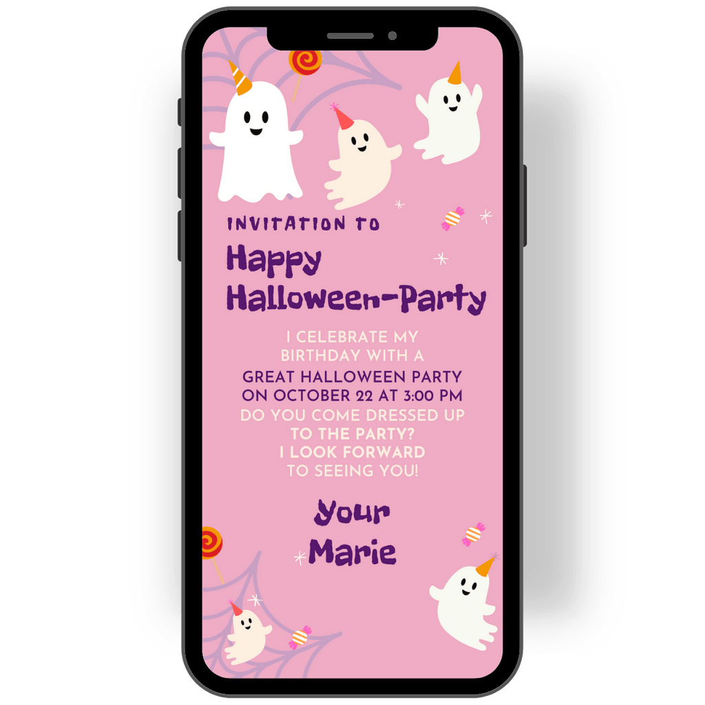 Girls' birthday and Halloween party planned? Then this invitation with cute ghosts and sweets on a soft purple background is just right for you!