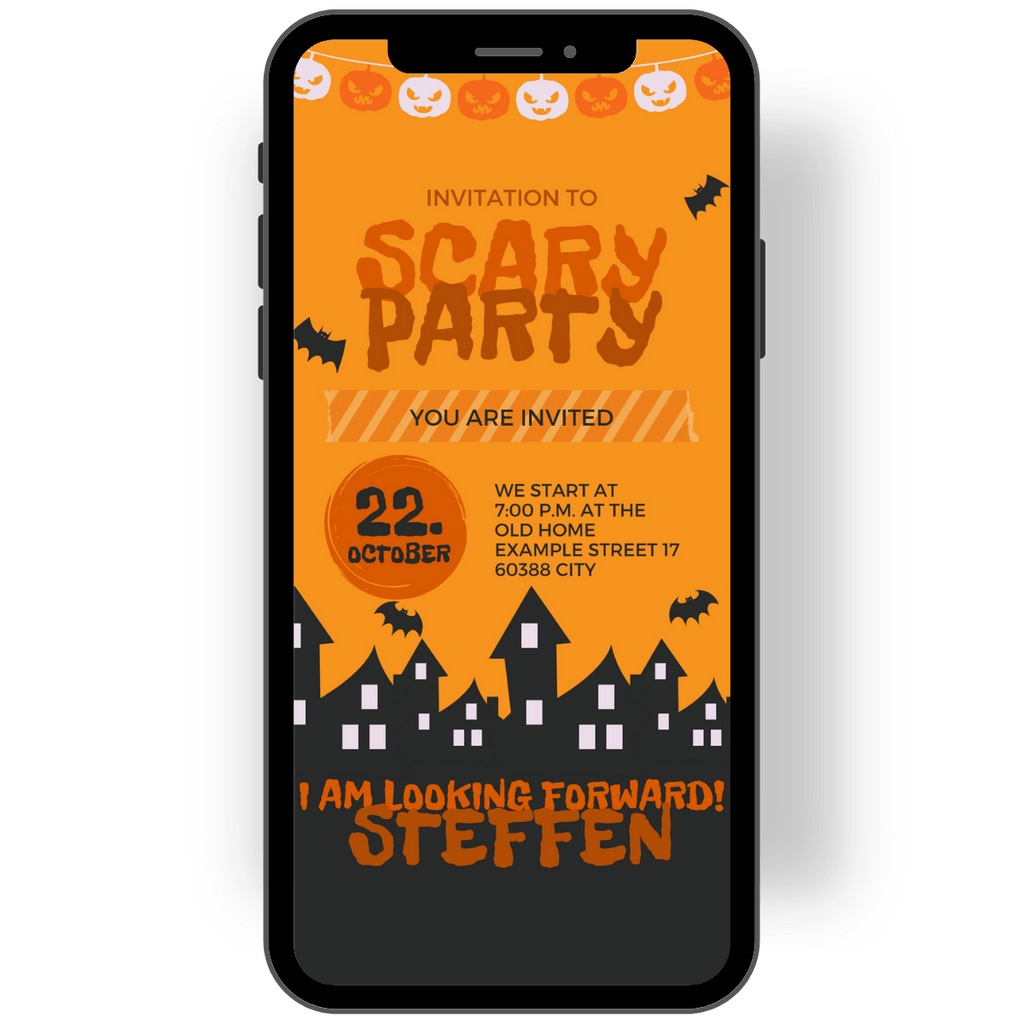Let the spooky party begin: a small ghost town, spooky lettering, a string of Halloween pumpkin lights and lots of bats on the invitation card quickly make it clear what the party is all about