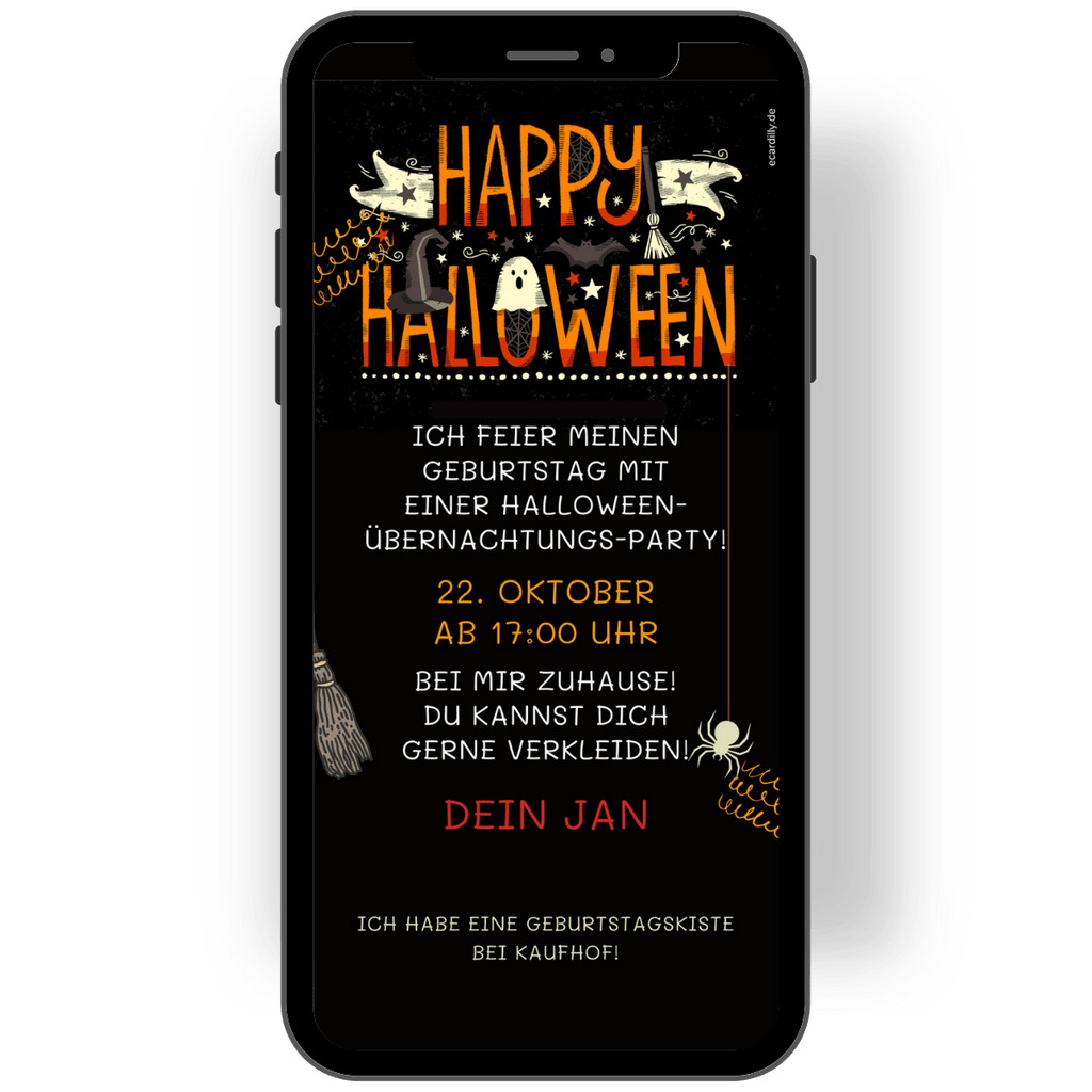 Happy Halloween: Einladungskarte zur Gruselparty in schwarz mit Schrift in weiß-orange und Halloween-Details wie Hexenbesen, Hexenhut, Spinne, Fledermaus und Gespenst