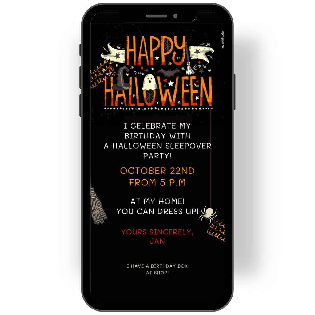 Happy Halloween: invitation card for a spooky party in black with white and orange lettering and Halloween details such as a witch's broom, witch's hat, spider, bat and ghost