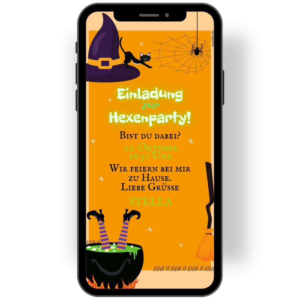 Einladungskarte zu einer Hexen-Party - mit einem Hexenhut, der obligatorischen schwarzen Katze, Spinnen-Netz und einem Hexenkessel