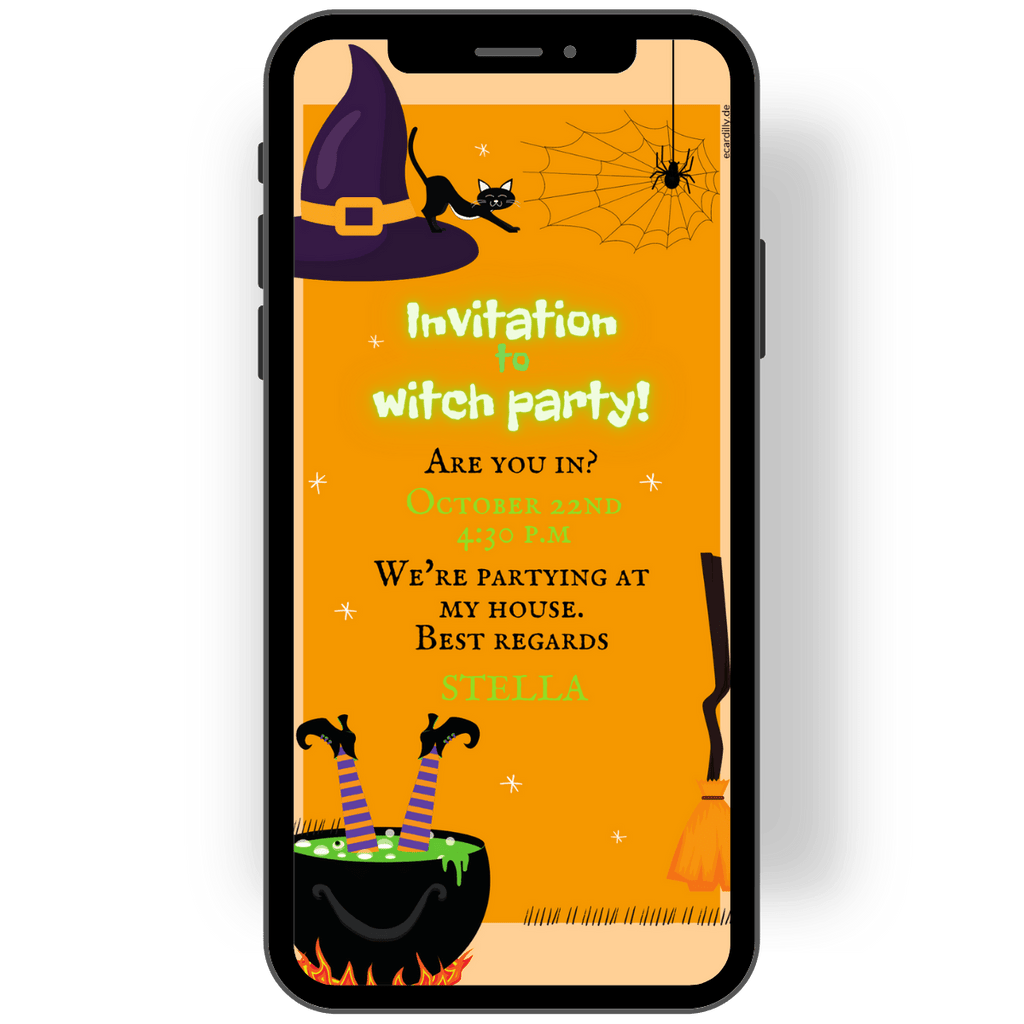 Invitation card to a witch party - with a witch's hat, the obligatory black cat, spider web and a witch's cauldron