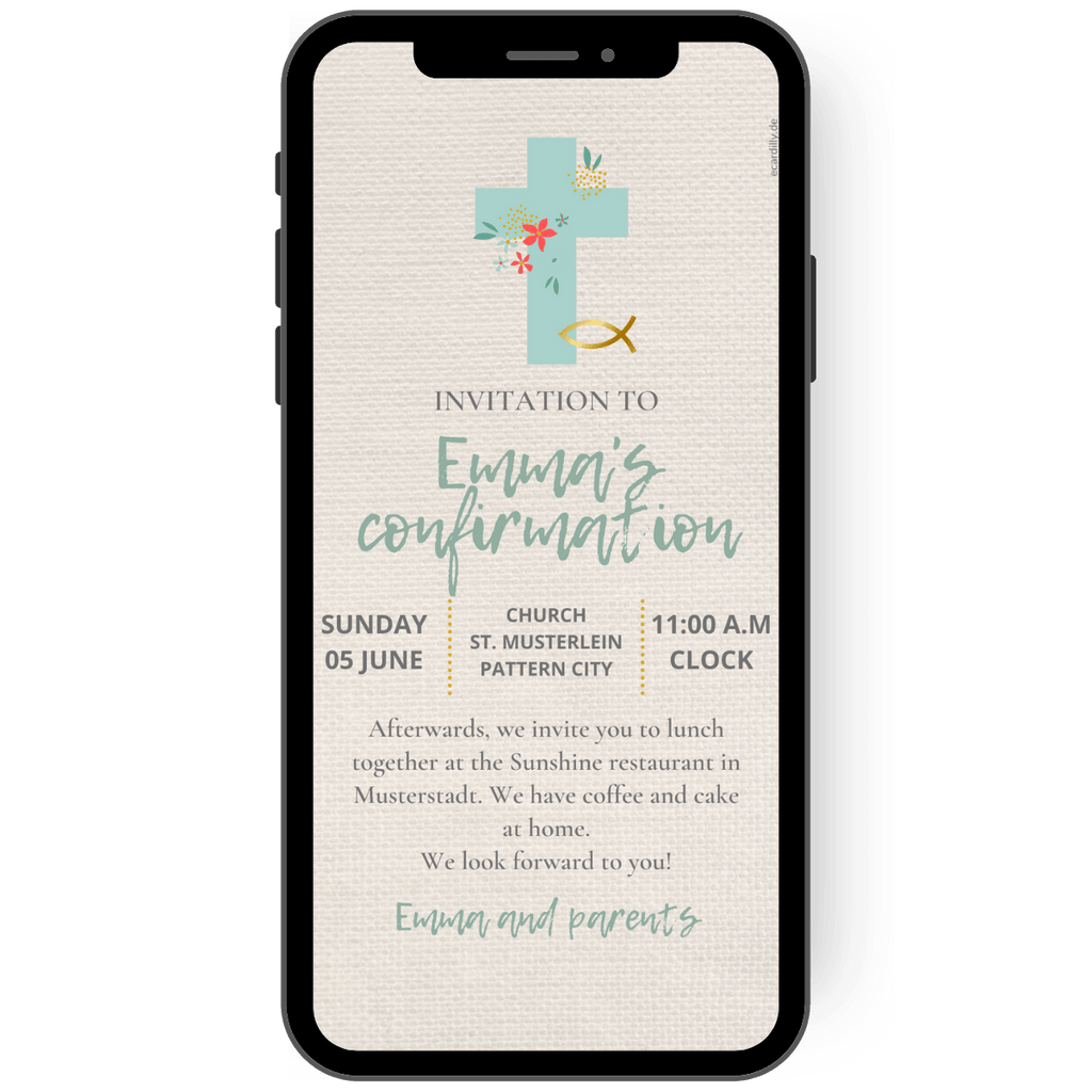 ommunion invitation card with structure and a cross in turquoise and flowers.