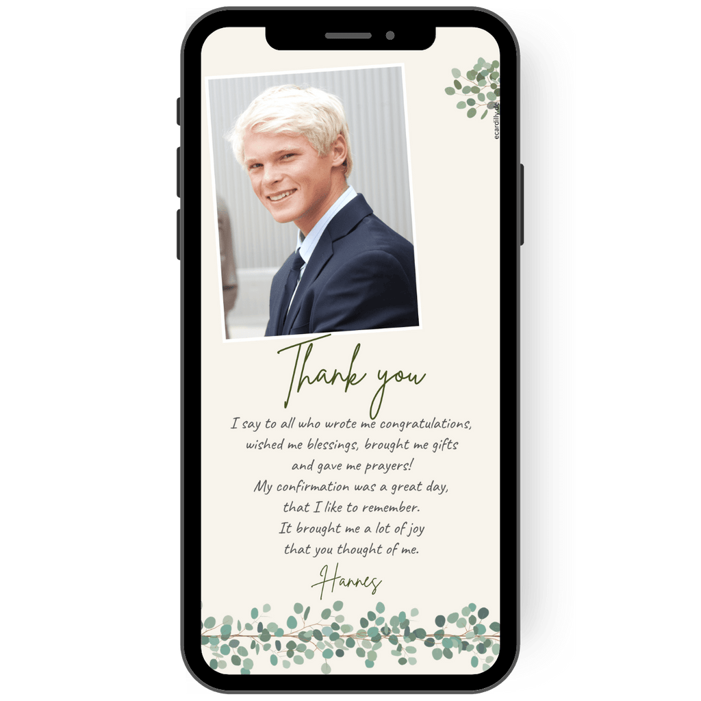 A photo of the child and a large thank you note, including a branch with eucalyptus leaves, are on this cream-colored and discreet eCard as a message after a communion or confirmation. en