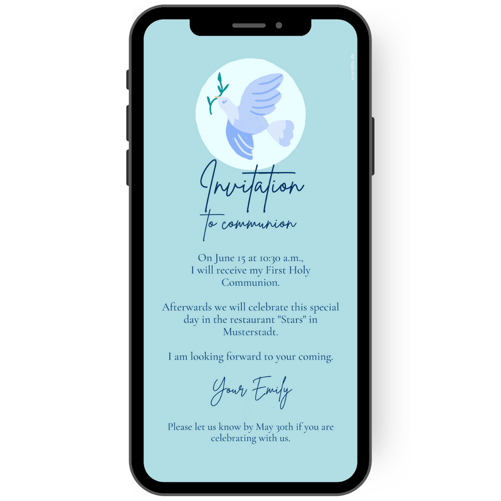 Invitation card in blue with dove and branch for communion or confirmation. With a digital invitation card, you can easily send invitations via whatsapp using your smartphone. Buy once and invite all your guests.