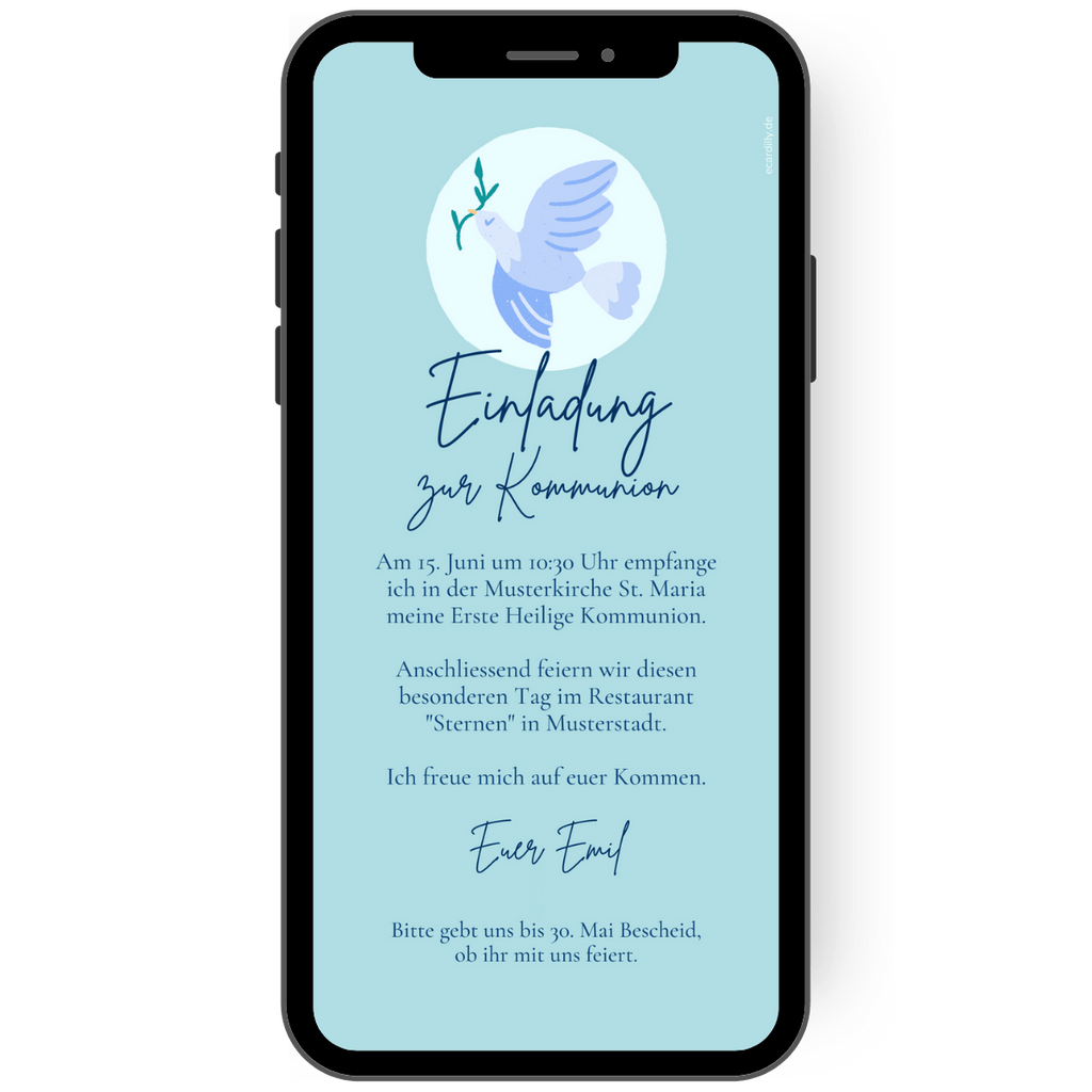 Einladungskarte in blau mit Taube und Zweig zur Kommunion oder Konfirmation. Mit einer digitalen Einladungskarte kannst du ganz einfach mit deinem Smartphone über whatsapp einladen. Einmal kaufen und alle Gäste einladen.